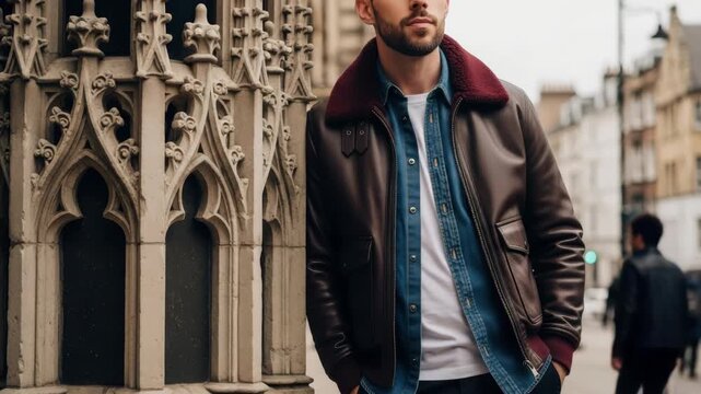 Confident bearded man models a winter leather jacket in a european city. Men's autumn fashion and urban lifestyle concept for a clothing brand lookbook or travel blog