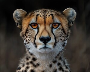 Young cheetah showing rounded ears and spotted chest, alert and curious in a dark grassy setting