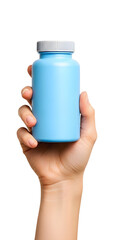 Hand holding blank blue plastic vitamin supplement bottle for product branding mockup. isolated PNG with Transparent Background