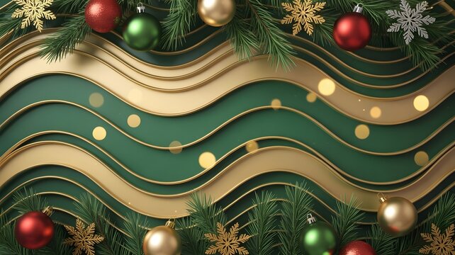 Festive christmas background with ornaments, pine branches and golden snowflakes.