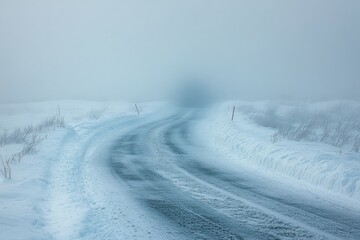 curving icy country road lined by deep snowbanks and sparse leafless shrubs disappearing into thick fog with a faint blurred vehicle, cold and lonely atmosphere