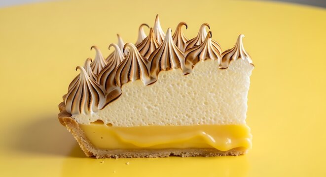 A close-up shot of a delicious slice of lemon meringue pie with a golden crust, vibrant yellow filling, and perfectly toasted meringue peaks, set against a bright yellow background. - Powered by Adobe