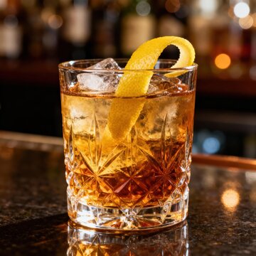 Classic brown spirit cocktail rests on a dark countertop garnished with a citrus peel twist