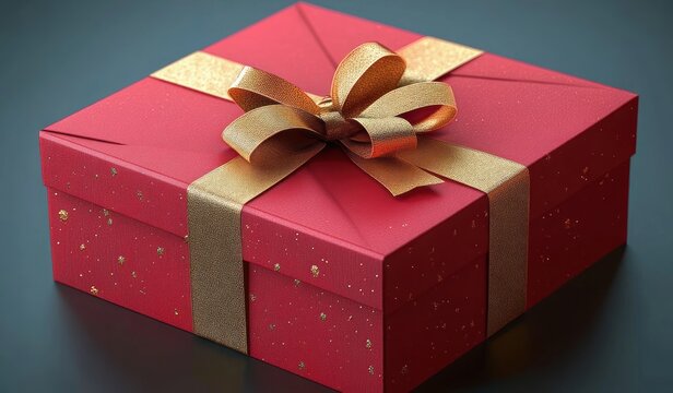 red gift box with gold ribbon bow and glittering gold speckles on a dark surface conveying festive elegant luxury - Powered by Adobe