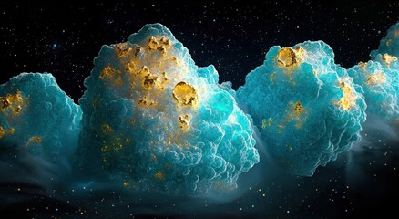 turquoise cloudlike nebula clusters with glowing golden pockets and drifting mist against a starry void, mystical and awe-inspiring