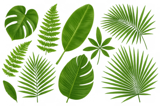 Various green tropical leaves on transparent background. Set with monstera, palm, fern, banana leaf, and schefflera leaves