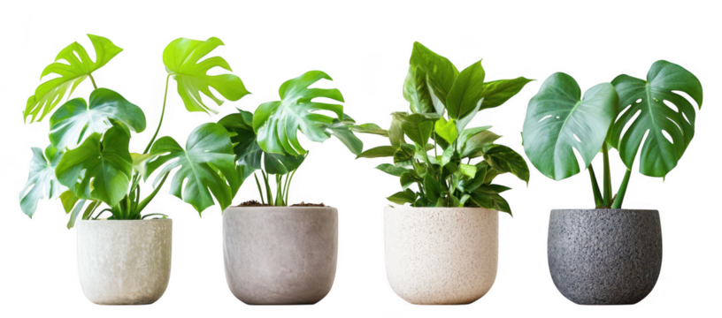 A display of four potted houseplants featuring lush green foliage. arranged in stylish pots. a modern interior design aesthetic. perfect for home decor inspiration
