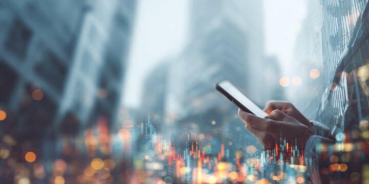 Person using smartphone with stock market graphics and modern skyscraper background, symbolizing technology and finance