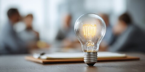 Collaborative brainstorming session with light bulb symbolizing creativity and innovation in modern workspace