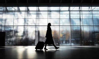 silhouette of a solitary traveler pulling a rolling suitcase across a vast glass-walled terminal with reflected light and grid windows, calm and purposeful mood