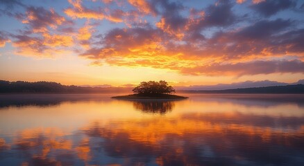 Small tree-covered island at sunrise with fiery orange and purple clouds reflected on a calm lake, distant forested shoreline and serene golden glow evoking peaceful awe