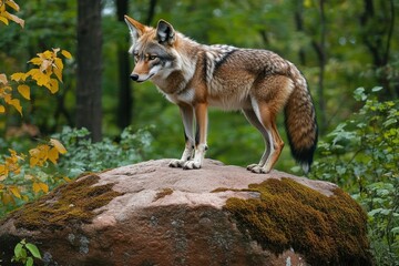 Watchful wild canine standing on a moss-covered rock in a green forest with autumn yellow leaves, poised and alert