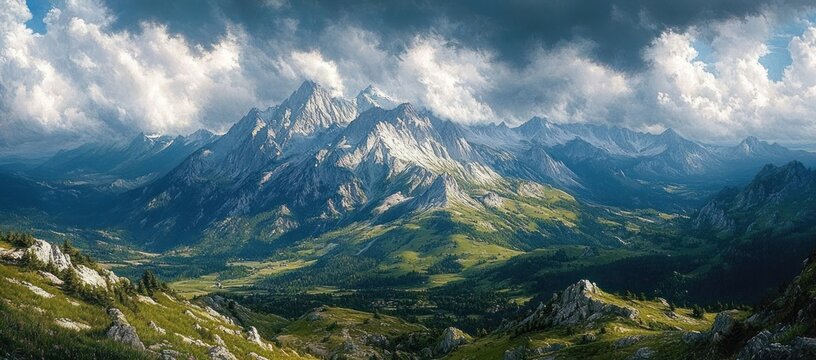 Majestic snow-capped mountain range with jagged peaks, sunlit green valleys and rocky foreground beneath a dramatic cloudy sky, evoking awe and serenity