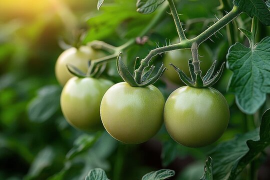 cluster of unripe green tomatoes on a hairy vine with leafy foliage and warm sunlight, evoking fresh growth and tranquil anticipation