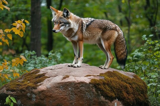 Watchful wild canine standing on a moss-covered rock in a green forest with autumn yellow leaves, poised and alert - Powered by Adobe