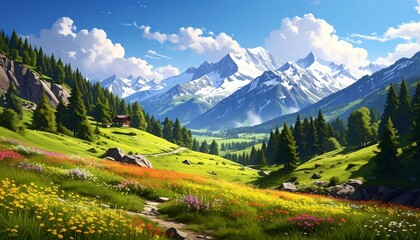 Fototapeta premium A vibrant valley scene showcases a verdant meadow adorned with wildflowers, leading to a cabin, with majestic snowy peaks in the background