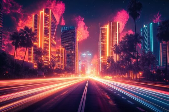 Neon-lit futuristic boulevard with palm trees and glowing skyscrapers, vibrant light trails racing into the city, evoking excitement and nostalgic wonder