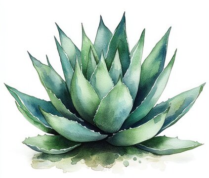watercolor painting of a green agave succulent rosette with layered pointed leaves on a white background, evoking calm and serenity - Powered by Adobe