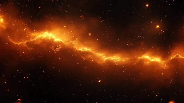 glowing orange cosmic nebula streak across dark space with scattered fiery embers and distant stars, dramatic and intense