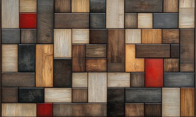 Geometric mosaic of rectangular wooden panels with varied wood grain and tones, dark and light browns with black and red accent tiles, warm cozy structured aesthetic