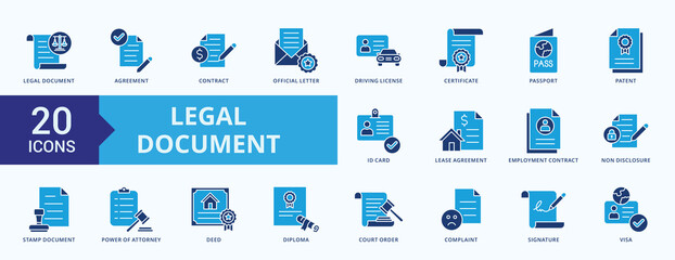 Legal Document Icon Pack Illustration Vector Flat Blue Style