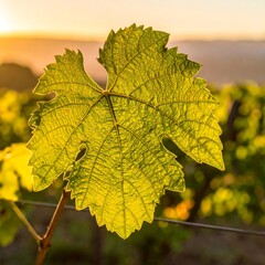 A sunlit leaf with distinct veins stands in a vineyard, a golden glow on the horizon, and wire support