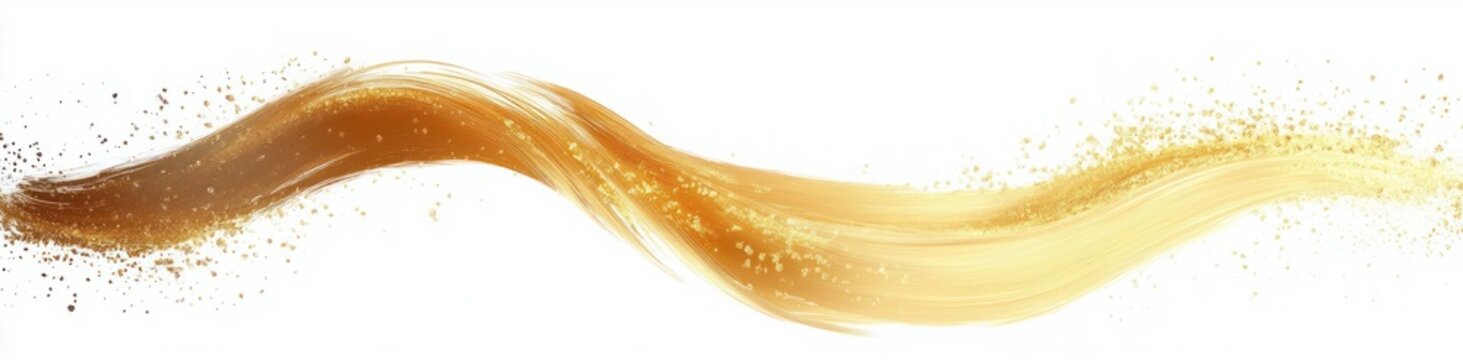 flowing golden paint brush stroke sweeping across a white background with scattered gold particles and sparkles, elegant dynamic and celebratory