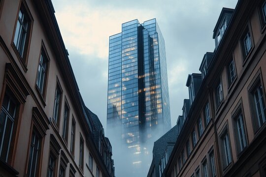 Glass skyscraper emerging through mist between historic row buildings, moody evening urban scene