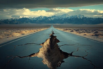 Desolate desert highway split by a massive jagged chasm leading toward distant snow-capped mountains under a moody cloudy sky