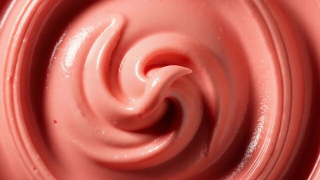 Macro top view of a creamy pink strawberry swirl. Delicious soft serve ice cream or frozen yogurt texture for a summer dessert banner or sweet food advertisement
