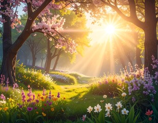 A sunlit meadow with blooming trees and vibrant wildflowers in a serene, peaceful forest scene on a sunny day