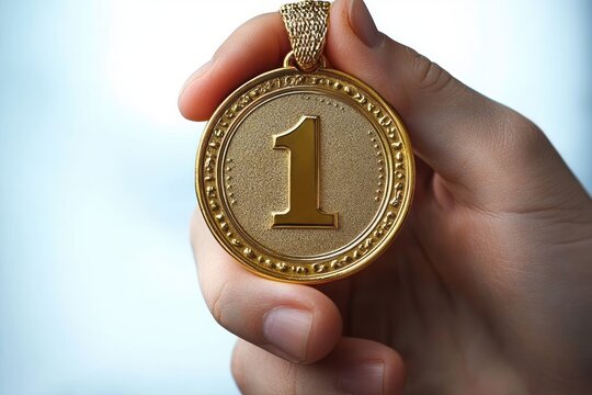 close-up of a hand holding a gold first-place medal with ribbon and embossed number one, conveying pride and achievement