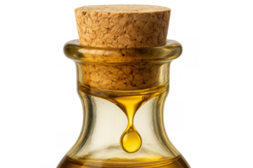 Golden oil drop hanging from a corked glass bottle, representing natural health, beauty, and wellness