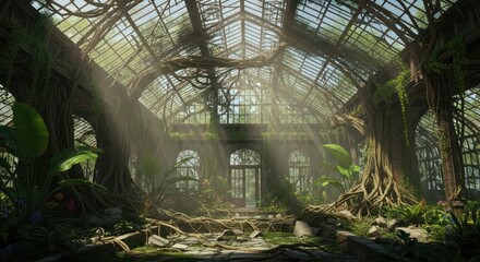 Overgrown greenhouse with diffused sunlight and encroaching nature displaying resurgence