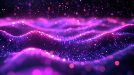 dreamy futuristic neon purple and pink digital wave landscape with glowing dotted grid, floating particles and shimmering bokeh