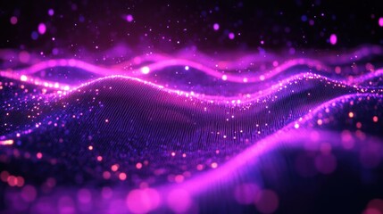 glowing purple and pink particle waves forming a flowing digital landscape with a dreamy futuristic energetic atmosphere