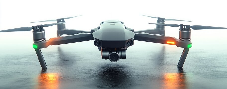 Sleek quadcopter drone with front camera gimbal and four propellers on reflective wet surface with glowing green and amber status lights, ready and futuristic