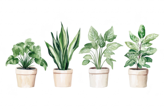 A display of four distinct potted plants. lush green foliage in varying shapes and sizes. set against a clean white background. perfect for home decor or gardening inspiration