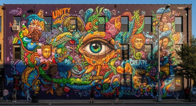 Vibrant city mural promoting unity and creativity through intricate art and diverse faces