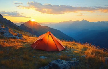 Orange tent pitched on a grassy mountain ridge at sunrise, glowing in golden light with rocky foreground, distant peaks and peaceful solitude
