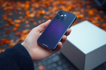 Hand holding a glossy dark purple smartphone with triple cameras above a white box on cobblestone pavement scattered with orange autumn leaves, evoking excitement and curiosity