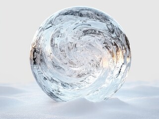 Translucent swirling ice sphere resting on soft snow under a pale sky, calm and ethereal winter scene