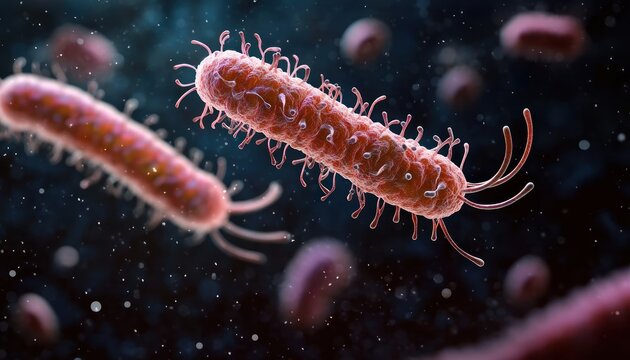 close-up of rod-shaped bacteria with hair-like pili and long flagella floating in dark fluid, detailed microscopic view evoking an eerie, ominous atmosphere