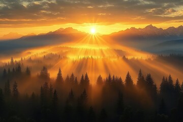 golden sunrise over misty pine forest and distant mountain range with sun rays streaming through fog, creating a serene and majestic morning glow