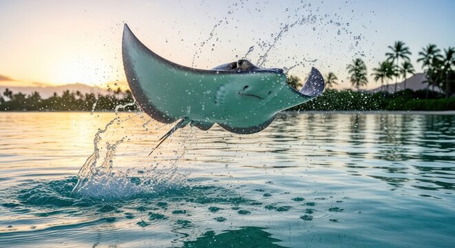 A captivating image of a stingray leaping out of crystal clear turquoise ocean waters during sunset