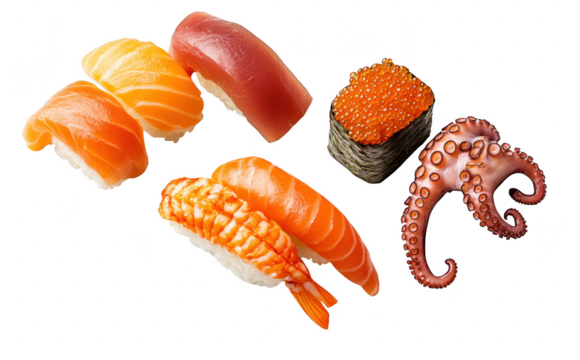 An exquisite arrangement of sushi featuring various types including salmon. tuna. and shrimp. beautifully presented on a clean white background. perfect for culinary art or food photography