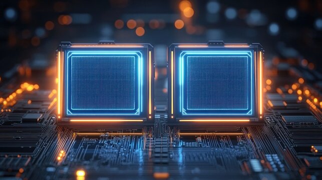Two glowing square microchips on a detailed circuit board with neon blue and orange lights conveying a futuristic, high-tech energy and precision