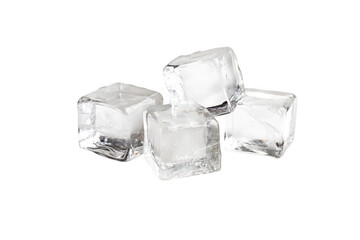 A close-up view of four clear ice cubes stacked together on a white background. their transparency and texture. ideal for culinary or beverage-related imagery
