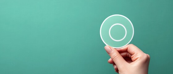 Hand holding a translucent round sticker with white concentric circles against a calm teal background conveying focus and precision