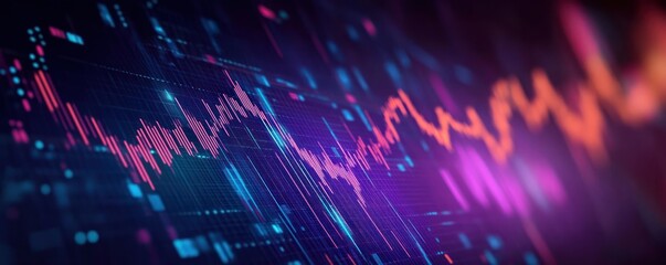 glowing neon financial chart with fluctuating lines and digital data grid conveying dynamic market volatility and futuristic energy